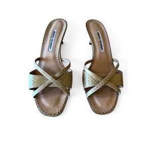 Manolo Blahnik Beige Tan Snake Strappy Kitten Heel Open Toe Sandals EU 39.5